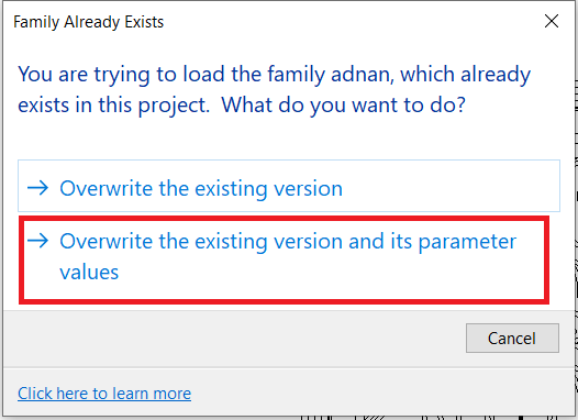 overwrite the existing Revit family