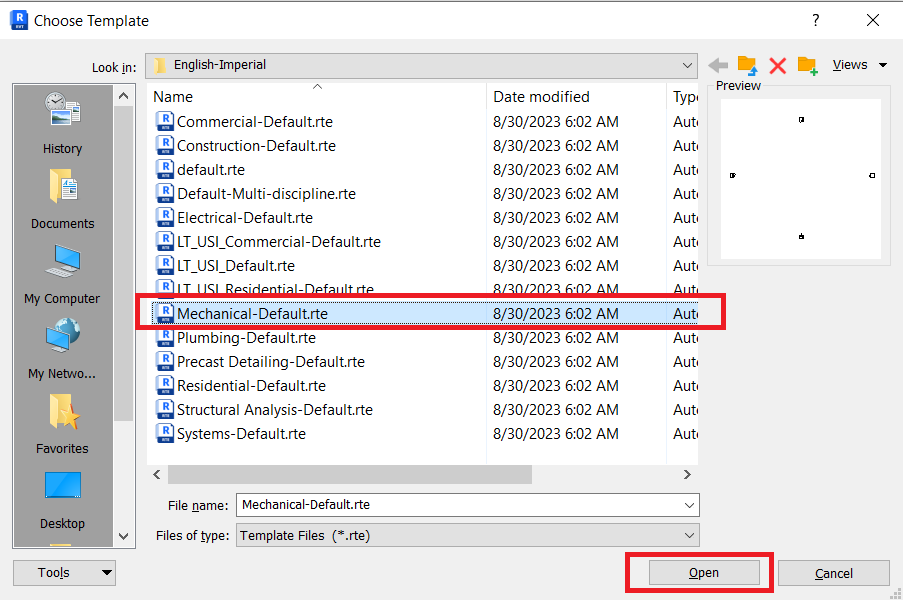 Select the Mechanical Default template in Revit