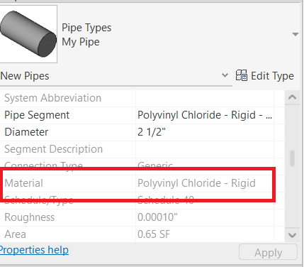 checking the pipe matarial type in the properties palette