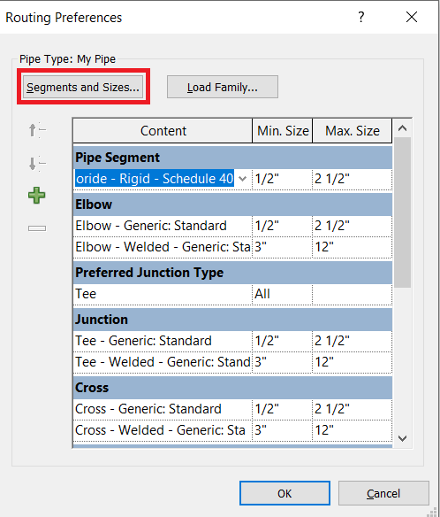 Click on Segments and Sizes in Routing Preferences