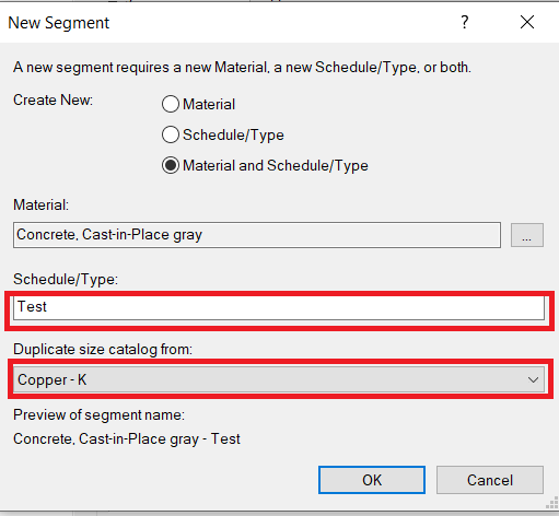Define the schedule/type and size catalog of the new pipe segment
