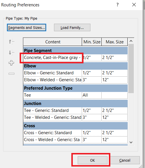 Change the pipe segment in the Routing Preferences
