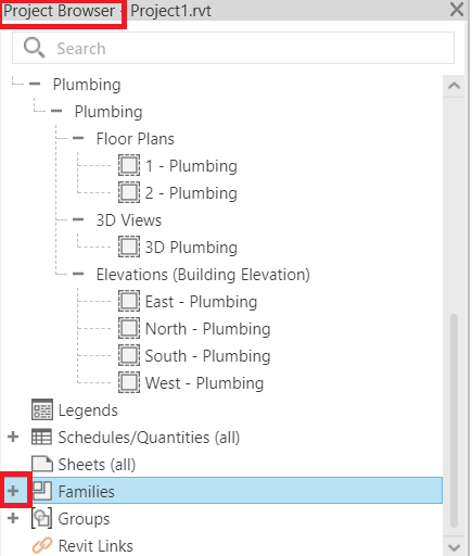 Revit families in the project browser